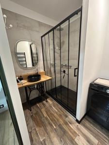 a bathroom with a shower with a sink and a mirror at Maison d'hôtes et gîte - Les 4 saisons de Manon in Tourtoirac