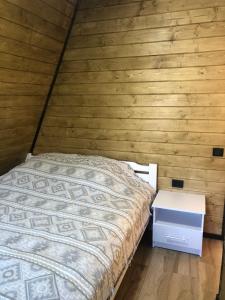 a bedroom with a bed and a wooden wall at Frame&Forest2 in Kolochava