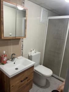 a bathroom with a toilet and a sink and a shower at Safranbolu apartments in Karabük