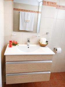 a bathroom with a sink and a mirror at Natsios Apartments in Vlachopoulátika +24 photos