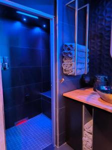 a bathroom with a shower with a glass door at Luxuria - Jacuzzi et Hammam in Le Cannet +3 photos