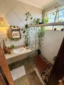 a bathroom with a sink and some plants on the wall at Suite casal 2 com frigobar in Belo Horizonte