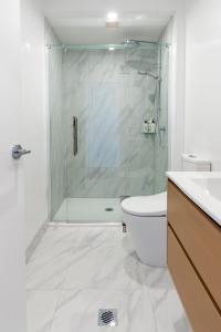 a bathroom with a shower and a toilet and a sink at Waves & Wellness - Spa Pool and Parking in Christchurch