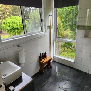 a bathroom with a sink and two windows at Tarndwarncoort Homestead in Warncoort
