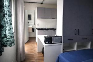a small kitchen with a microwave on a counter at Container Loft Com Área de Churrasqueira Privativa in Piçarras