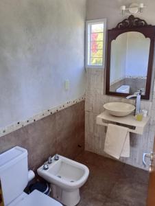 a bathroom with a sink and a toilet and a mirror at Loft Las Acacias in Potrero de los Funes +45 photos