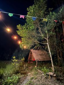 a tree and a house with a string of flags at Chalé Moon - Vale do ribeira in Juquiá