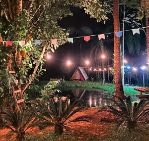 a party in the park at night with lights at Chalé Moon - Vale do ribeira in Juquiá
