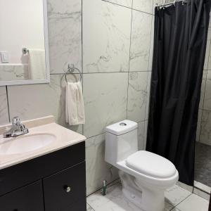 a bathroom with a toilet and a sink and a shower at Hotel La Frontera in Ciudad Juárez