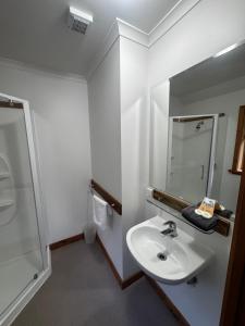 a bathroom with a sink and a shower and a mirror at Aoraki Mount Cook Alpine Lodge in Mount Cook Village