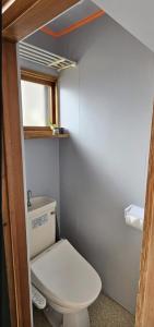 a small bathroom with a toilet and a window at The Lodge In Sapporo in Sapporo