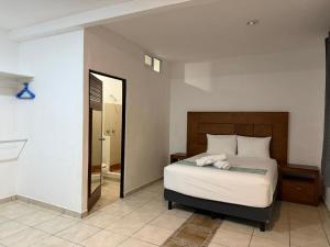 a bedroom with a large bed and a mirror at Casa Dixam Luum in Puerto Morelos