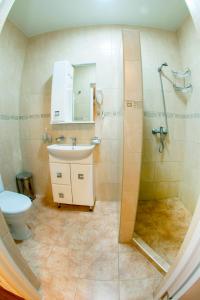 a bathroom with a shower and a sink and a toilet at Обійми Embrace in Truskavets +26 photos