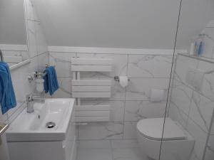 a white bathroom with a toilet and a sink at Millennium Villa in Keszthely