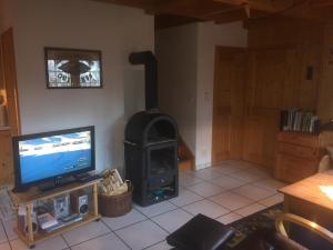 ein Wohnzimmer mit einem Kamin und einem TV in der Unterkunft Chalet Annika in Grimentz