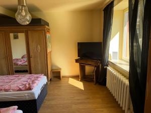 a room with a bed and a television and a window at Himmelswege in Nebra