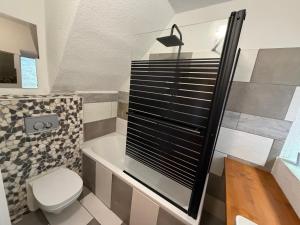 a bathroom with a toilet and a bath tub at Himmelswege in Nebra +28 photos