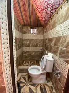 a bathroom with a toilet in a small room at Wadi Rum Spring Moon & Jeep Tour in Wadi Rum