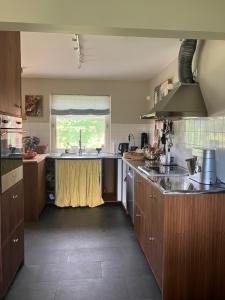 a kitchen with wooden cabinets and a sink and a window at Bra familjeboende Vitaby in Vitaby