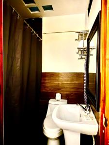 a bathroom with a white toilet and a sink at Hotel-cafetería TERRAVOLCAN in San Pedro Sacatepéquez