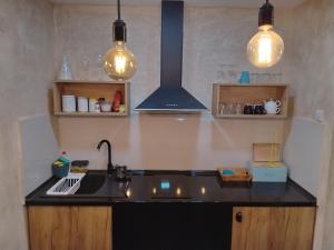 a kitchen with a sink and a stove and lights at Apartman Harmony 5 in Banja Koviljača