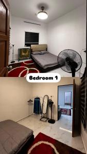 a bedroom with a bed and a room with a fan at DBreeze Homestay in Pengerang