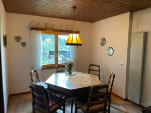 a dining room with a table with chairs and a lamp at Pedecosta in Poschiavo
