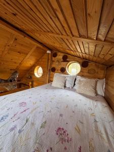 a bed in a wooden room with two windows at Apple Tree Cabin (Friendship Land) in Şelari