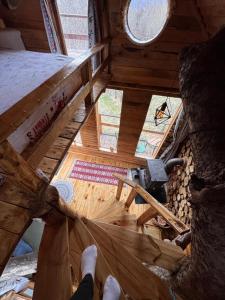 a person is standing in a hammock in a cabin at Apple Tree Cabin (Friendship Land) in Şelari