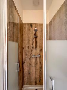 a shower in a bathroom with a wooden wall at Appartement Lily-rose in Cerizay +19 photos