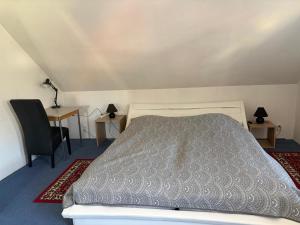 a bedroom with a bed and a desk and a chair at Ferienwohnung Ankerplatz in Rankwitz