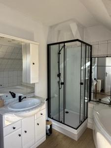 a bathroom with a sink and a glass shower at Ferienwohnung Ankerplatz in Rankwitz +8 photos