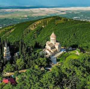an aerial view of a building on top of a hill at Dachi Apartment in Sighnaghi