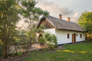 an old house with a thatched roof and a yard at HOMOKI LODGE Bed & Beyond Glamping Adult Only in Ruzsa