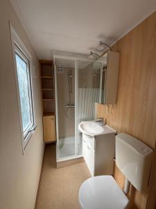a bathroom with a toilet and a sink and a shower at Stacaravan met schitterend uitzicht over het meer, in Friesland! Op de 5-sterren Camping de Kuilart met Zwembad! in Koudum +26 photos