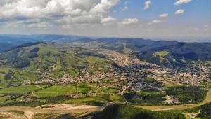 an aerial view of a town on a mountain at Emilia's Dreamhouse in Gura Humorului