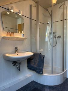a bathroom with a sink and a shower at Wesernest Schulz in Höxter +6 photos