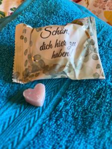 a heart shaped cookie sitting on a blue blanket at Wesernest Schulz in Höxter