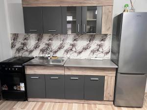 a kitchen with a sink and a refrigerator at LaScena in Techirghiol