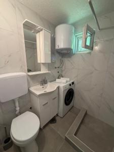 a bathroom with a toilet a sink and a washing machine at Vikendica Markić in Šipovo +15 photos