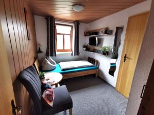 a small room with a couch and a bed in a caravan at Pension Stepponat in Arnstadt