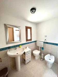a bathroom with a sink and a toilet and a mirror at Camera Ficus in San Teodoro