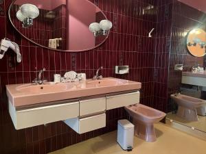 a bathroom with a pink sink and a toilet at Hôtel Chandouineau in Redon