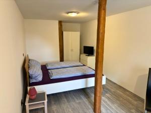 a small room with a bed and a tv at Möllers Morgen in Lentföhrden