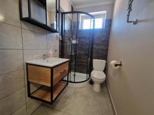 a bathroom with a shower and a sink and a toilet at Promień 4 by Zen4Guest - Biskupin in Wrocław +88 photos