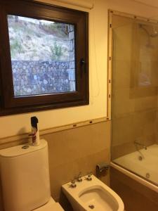baño con aseo y lavabo y ventana en Golf y Polo Apartment en San Martín de los Andes