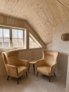 two chairs and a table in a room with wooden ceilings at Liedaga 24 in Tūja
