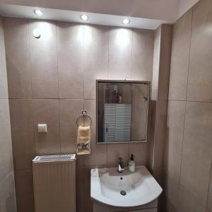 a bathroom with a sink and a mirror at Rizes in Pramanta