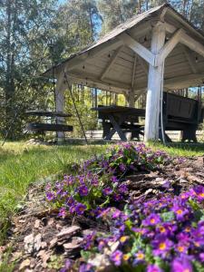 ein Picknickpavillon mit Blumen im Gras in der Unterkunft AGRO-CHATKA in Myszyniec