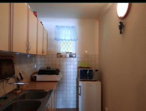 a kitchen with a sink and a microwave on a refrigerator at Domek Letniskowy in Radawa